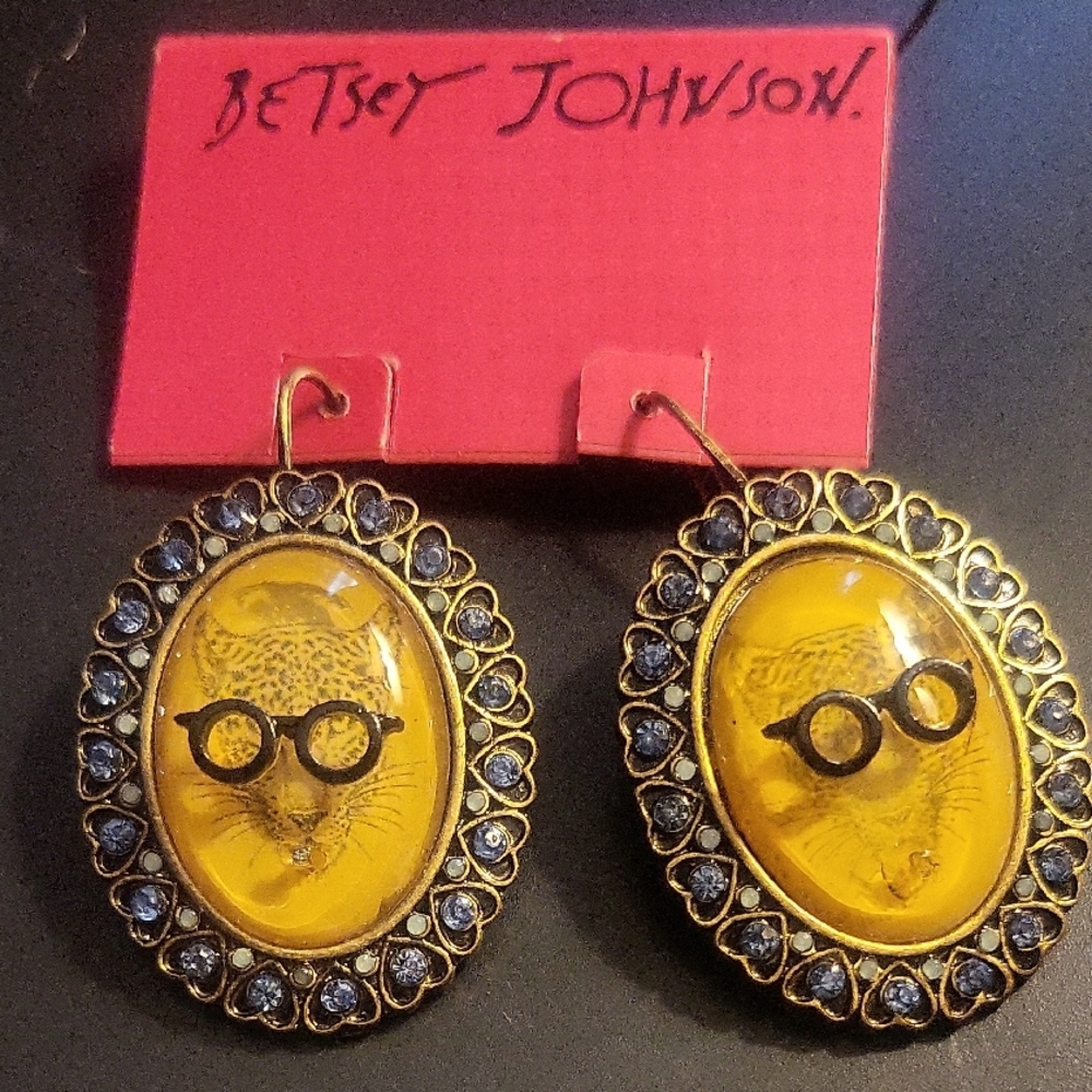 Betsey Johnson Yellow and Black Owl Earrings with Blue Accents